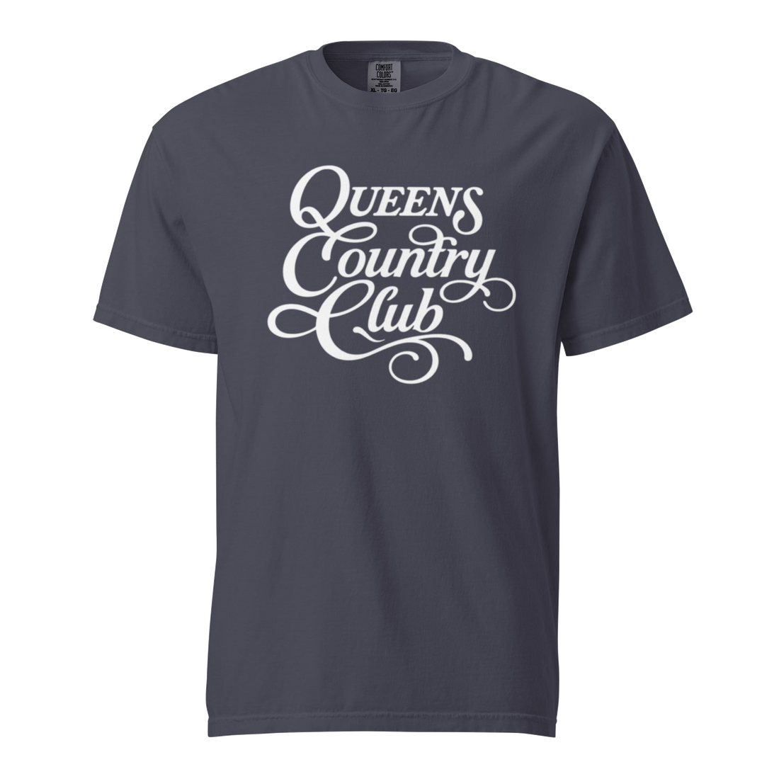 Navy QCC Heritage Script heavyweight garment-dyed T-shirt with white Queens Country Club graphic