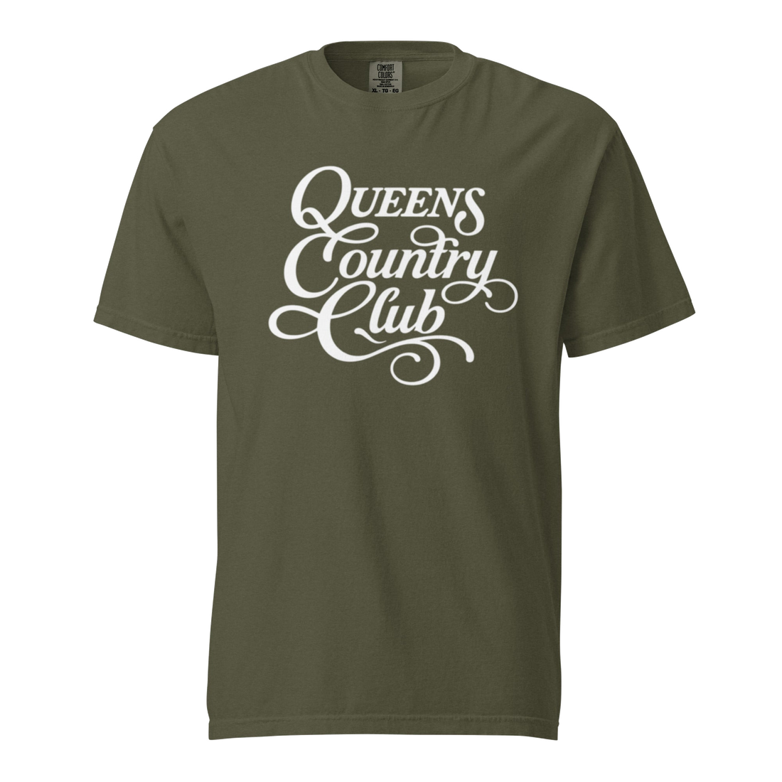 Sage QCC Heritage Script heavyweight garment-dyed T-shirt with white Queens Country Club graphic