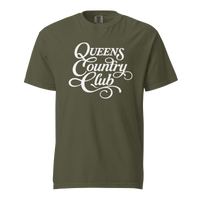 Sage QCC Heritage Script heavyweight garment-dyed T-shirt with white Queens Country Club graphic