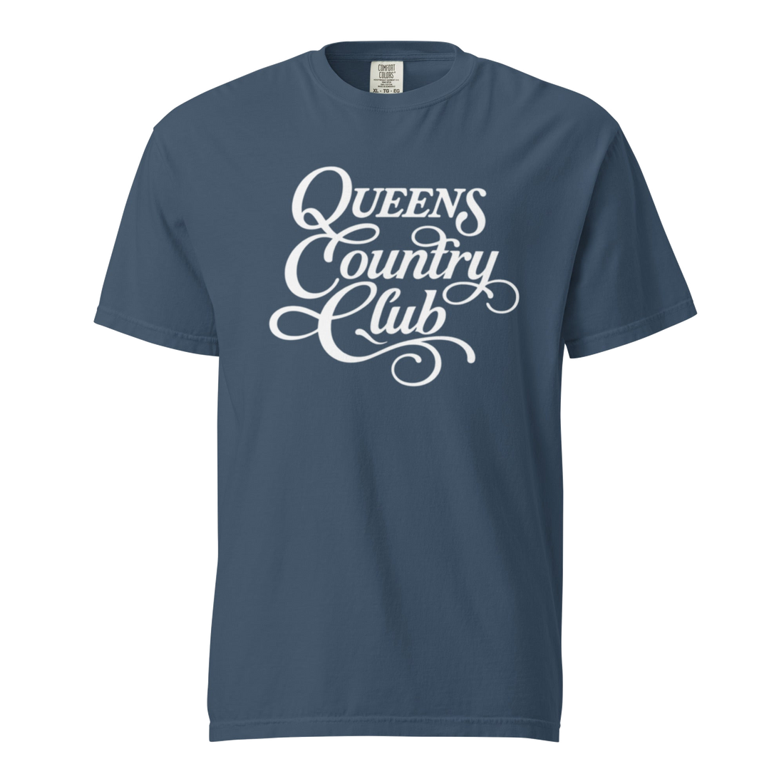Midnight QCC Heritage Script heavyweight garment-dyed T-shirt with white Queens Country Club graphic