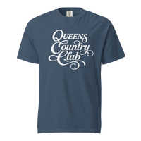 Midnight QCC Heritage Script heavyweight garment-dyed T-shirt with white Queens Country Club graphic