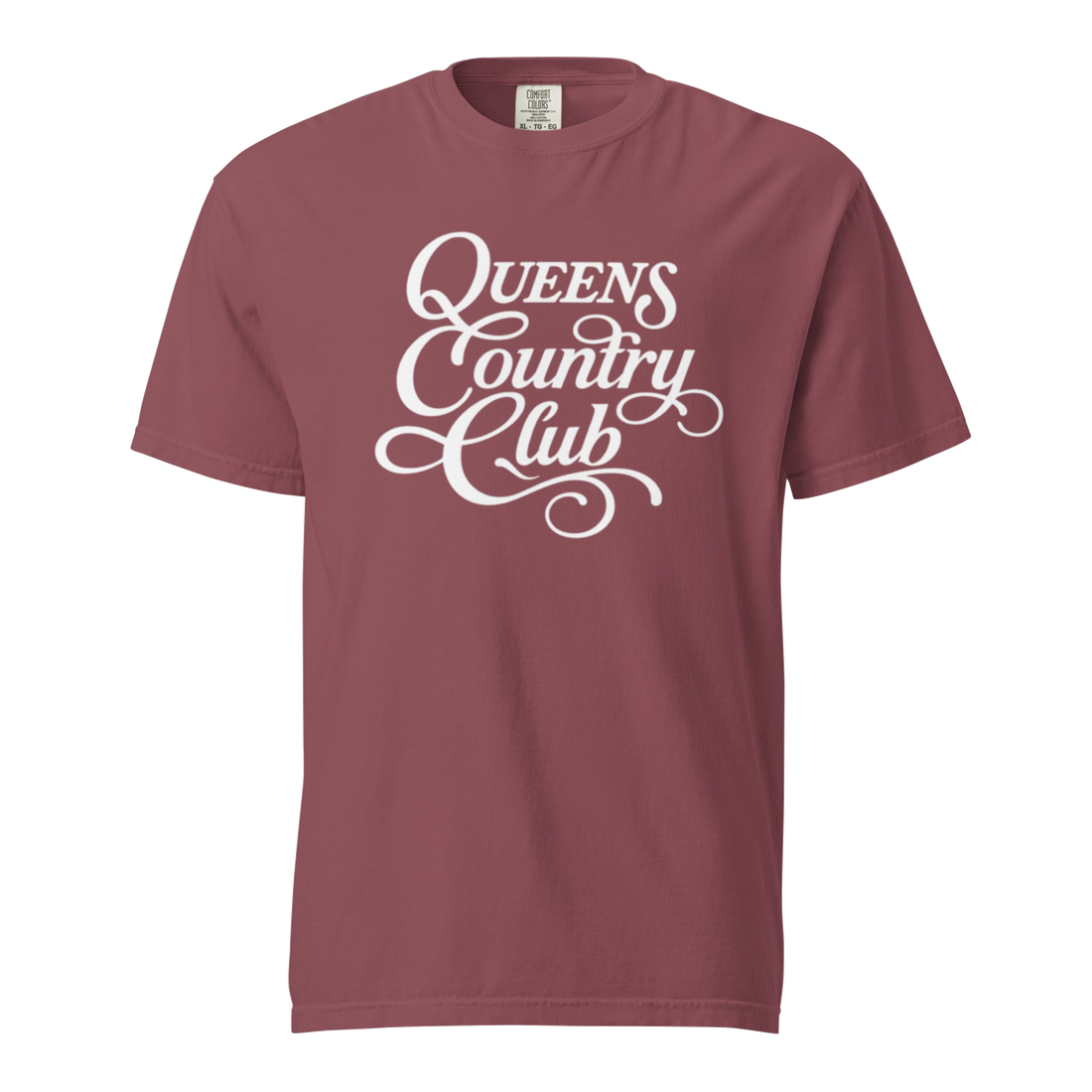 Brick QCC Heritage Script heavyweight garment-dyed T-shirt with white Queens Country Club graphic