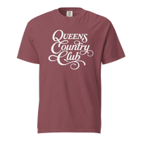 Brick QCC Heritage Script heavyweight garment-dyed T-shirt with white Queens Country Club graphic