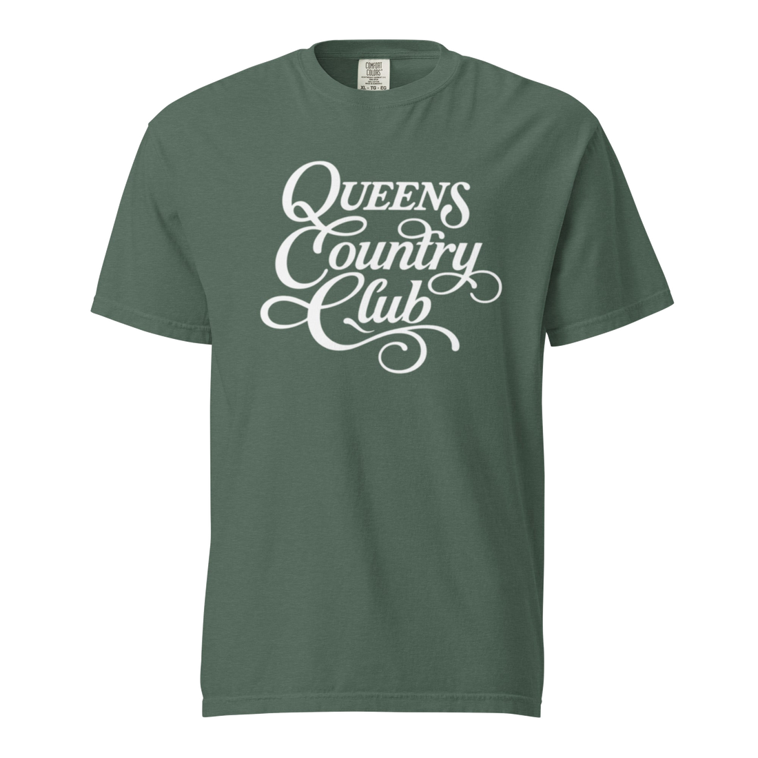 Blue Spruce QCC Heritage Script heavyweight garment-dyed T-shirt with white Queens Country Club graphic