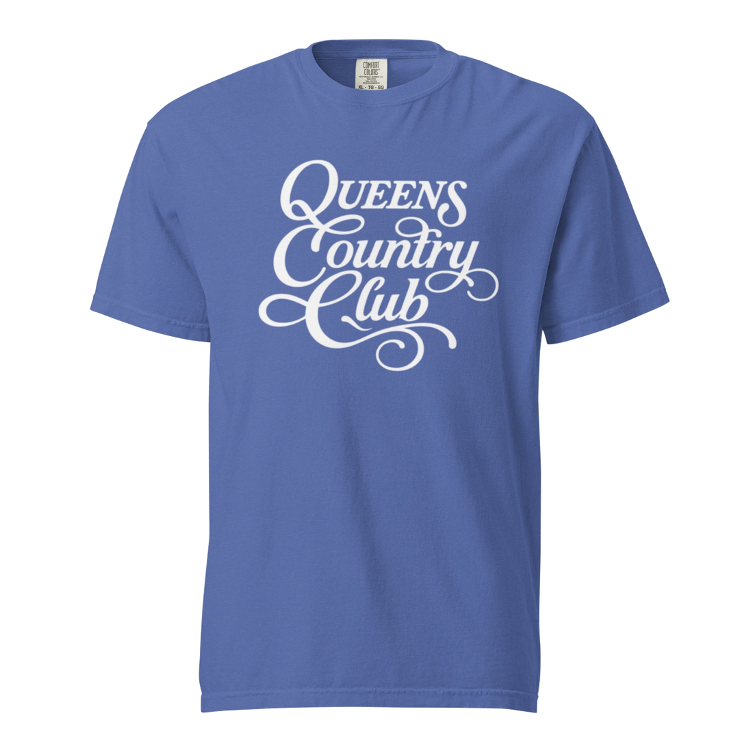 Mystic Blue QCC Heritage Script heavyweight garment-dyed T-shirt with white Queens Country Club graphic