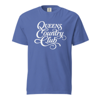 Mystic Blue QCC Heritage Script heavyweight garment-dyed T-shirt with white Queens Country Club graphic