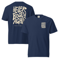 True Navy Never Bogey Again heavyweight T-shirt with cream Queens Country Club graphic, front and back views