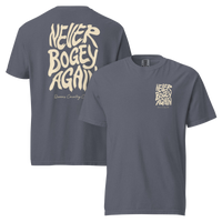 Denim Never Bogey Again heavyweight T-shirt with cream Queens Country Club graphic, front and back views