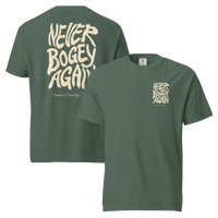 Blue Spruce Never Bogey Again heavyweight T-shirt with cream Queens Country Club graphic, front and back views