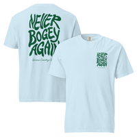 Chambray Never Bogey Again heavyweight T-shirt with green Queens Country Club graphic, front and back views
