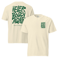 Ivory Never Bogey Again heavyweight T-shirt with green Queens Country Club graphic, front and back views