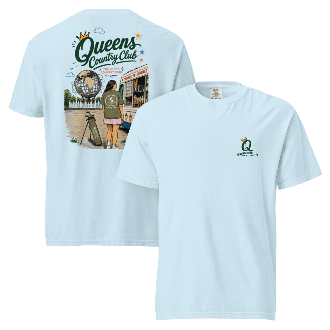 Chambray Queens Summer Country Club Tee featuring the seasonal QCC golf graphic, front-and-back product mockup | Queens Country Club