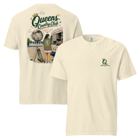 Ivory Queens Summer Country Club Tee featuring the seasonal QCC golf graphic, front-and-back product mockup | Queens Country Club