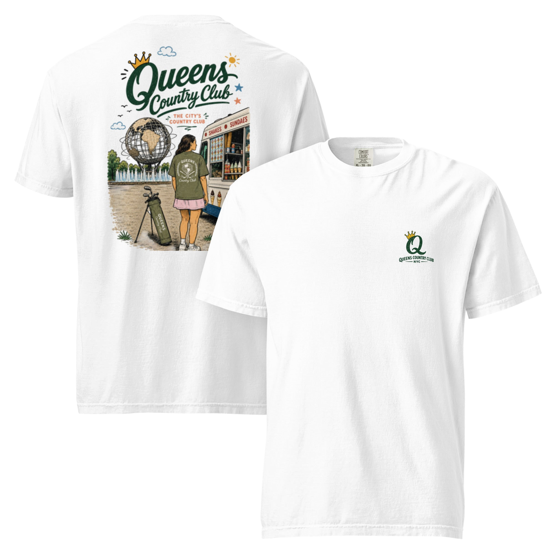 White Queens Summer Country Club Tee featuring the seasonal QCC golf graphic, front-and-back product mockup | Queens Country Club