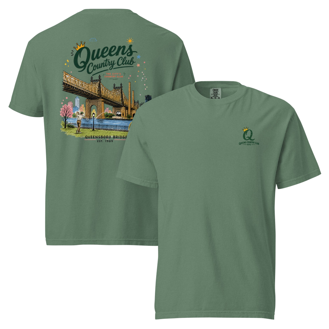 Light Green Queensboro Bridge Golf Tee featuring the QCC bridge golf graphic, front-and-back product mockup | Queens Country Club