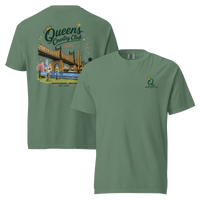 Light Green Queensboro Bridge Golf Tee featuring the QCC bridge golf graphic, front-and-back product mockup | Queens Country Club