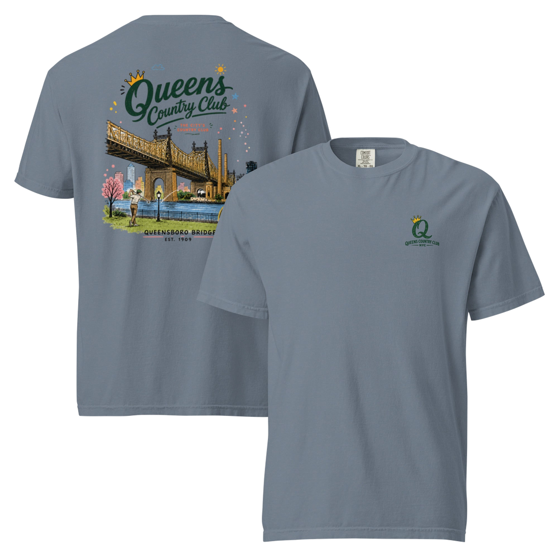 Blue Jean Queensboro Bridge Golf Tee featuring the QCC bridge golf graphic, front-and-back product mockup | Queens Country Club