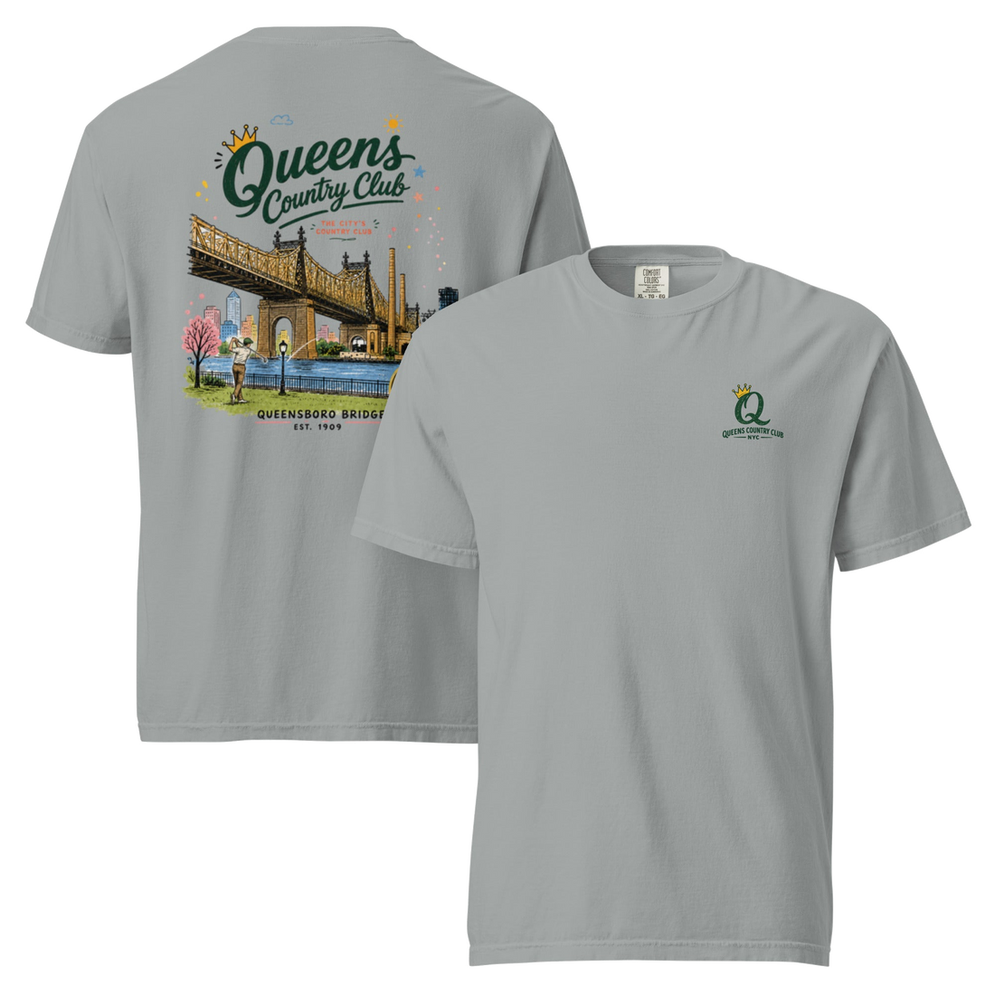 Granite Queensboro Bridge Golf Tee featuring the QCC bridge golf graphic, front-and-back product mockup | Queens Country Club