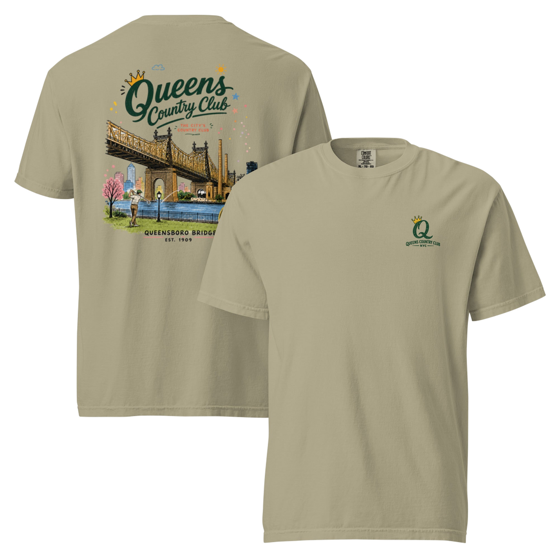 Khaki Queensboro Bridge Golf Tee featuring the QCC bridge golf graphic, front-and-back product mockup | Queens Country Club