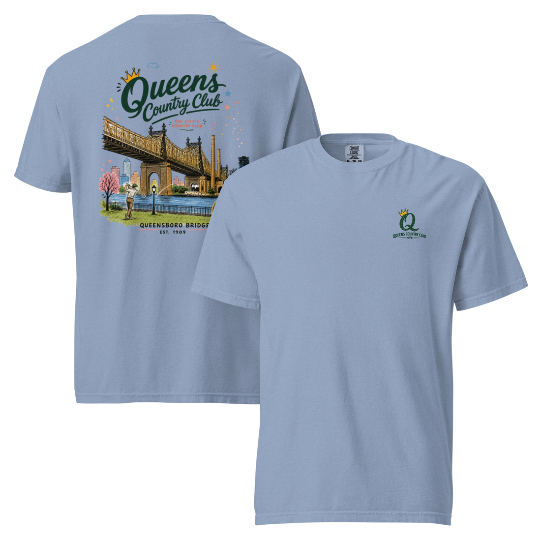 Washed Denim Queensboro Bridge Golf Tee featuring the QCC bridge golf graphic, front-and-back product mockup | Queens Country Club