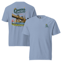Washed Denim Queensboro Bridge Golf Tee featuring the QCC bridge golf graphic, front-and-back product mockup | Queens Country Club