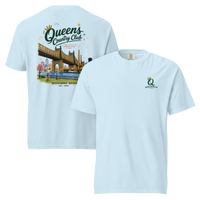 Chambray Queensboro Bridge Golf Tee featuring the QCC bridge golf graphic, front-and-back product mockup | Queens Country Club
