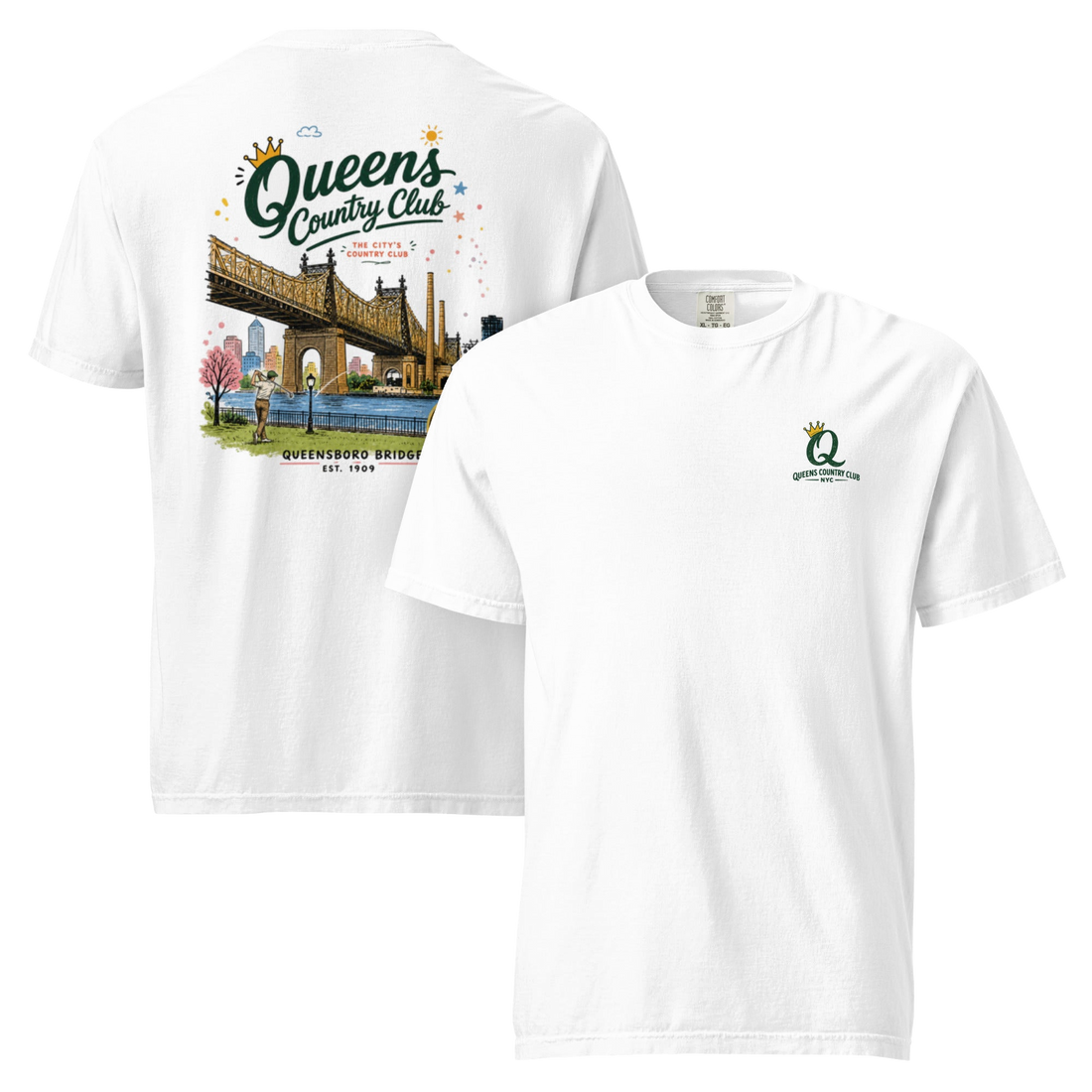White Queensboro Bridge Golf Tee featuring the QCC bridge golf graphic, front-and-back product mockup | Queens Country Club
