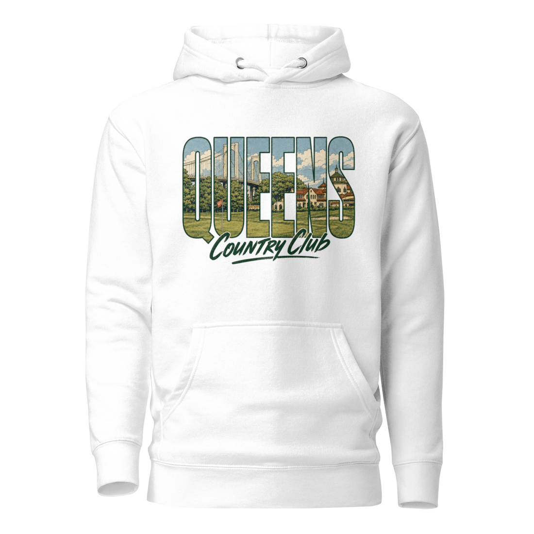 White Queens Muni Vista Vintage Hoodie with a retro Queens municipal-golf graphic, front view | Queens Country Club