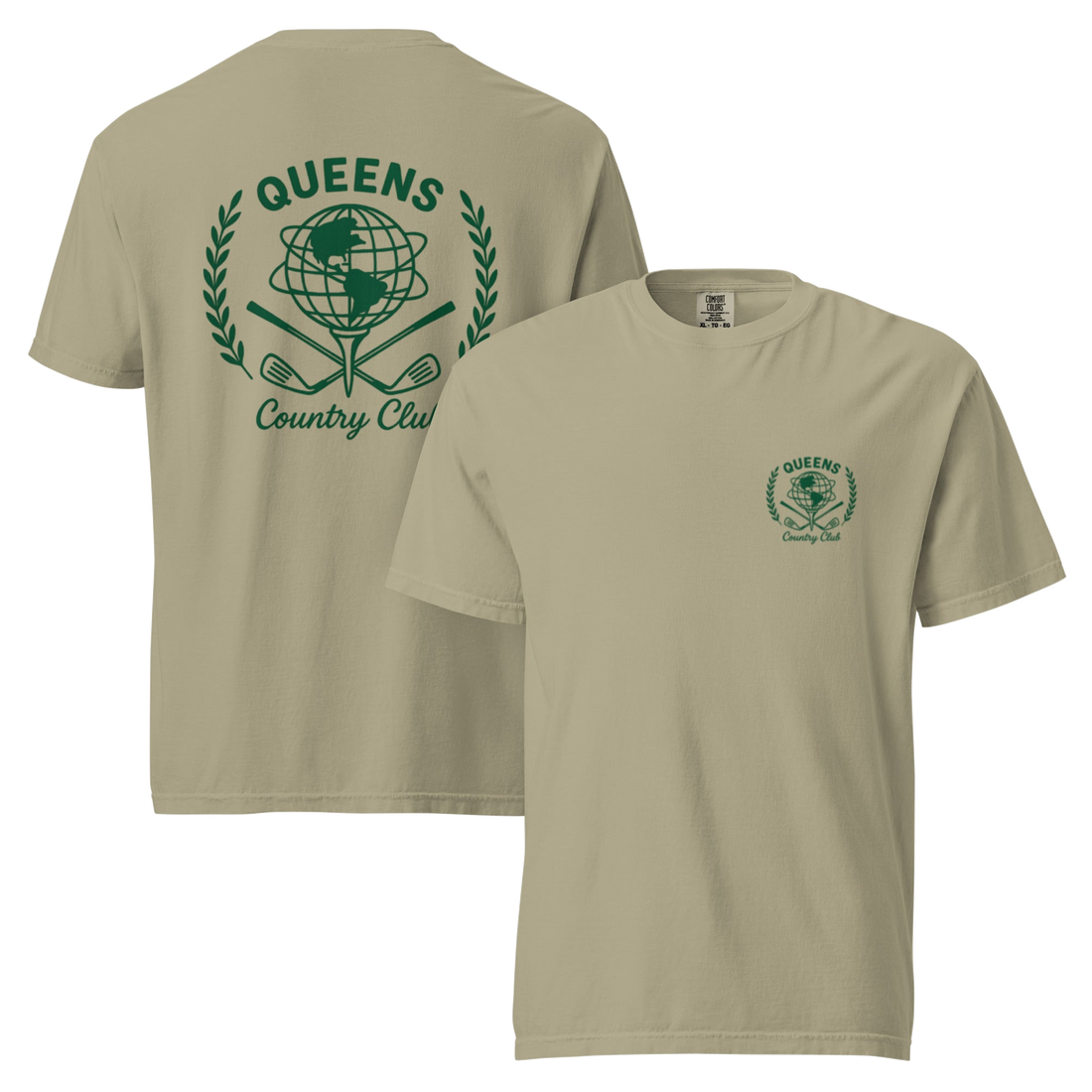 Khaki garment-dyed Queens Unisphere Golf Ball Tee with green print, front and back views | Queens Country Club