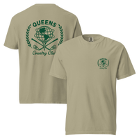Khaki garment-dyed Queens Unisphere Golf Ball Tee with green print, front and back views | Queens Country Club