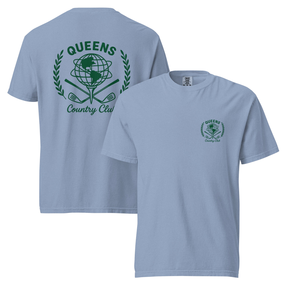 Washed Denim garment-dyed Queens Unisphere Golf Ball Tee with green print, front and back views | Queens Country Club