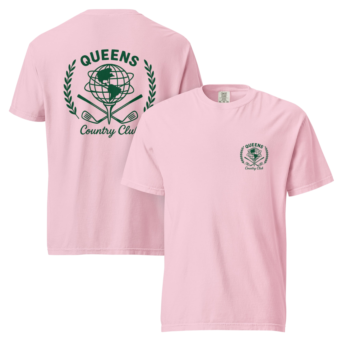 Blossom garment-dyed Queens Unisphere Golf Ball Tee with green print, front and back views | Queens Country Club