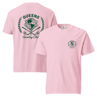 Blossom garment-dyed Queens Unisphere Golf Ball Tee with green print, front and back views | Queens Country Club