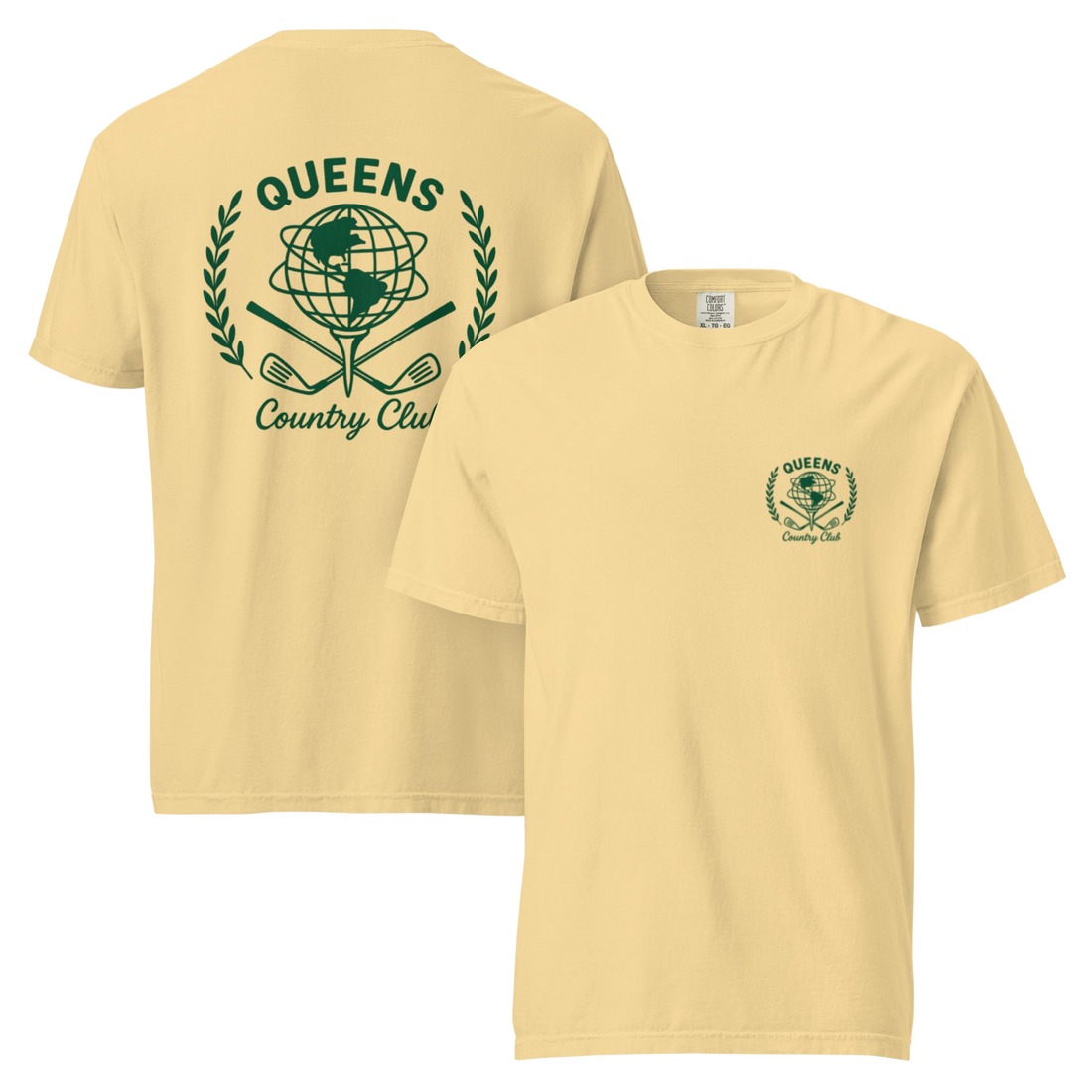 Butter garment-dyed Queens Unisphere Golf Ball Tee with green print, front and back views | Queens Country Club