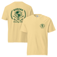 Butter garment-dyed Queens Unisphere Golf Ball Tee with green print, front and back views | Queens Country Club