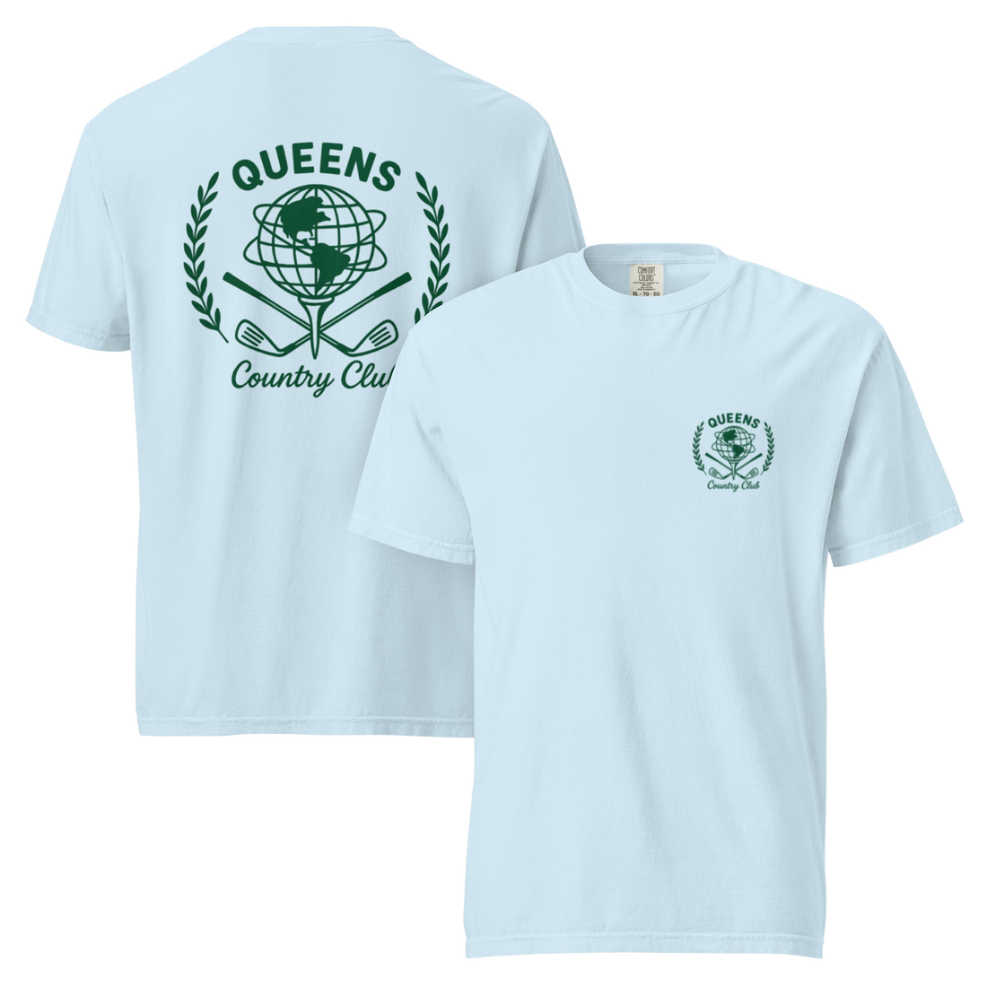 Chambray garment-dyed Queens Unisphere Golf Ball Tee with green print, front and back views | Queens Country Club
