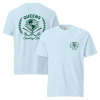 Chambray garment-dyed Queens Unisphere Golf Ball Tee with green print, front and back views | Queens Country Club
