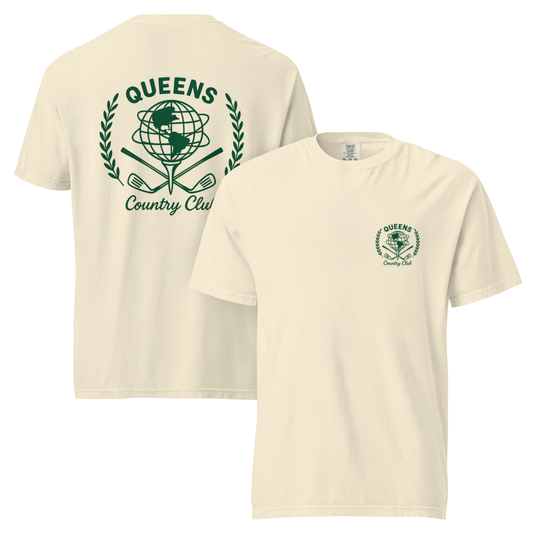Ivory garment-dyed Queens Unisphere Golf Ball Tee with green print, front and back views | Queens Country Club