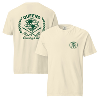 Ivory garment-dyed Queens Unisphere Golf Ball Tee with green print, front and back views | Queens Country Club