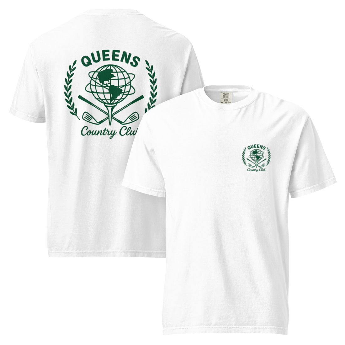 White garment-dyed Queens Unisphere Golf Ball Tee with green print, front and back views | Queens Country Club