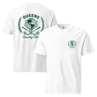 White garment-dyed Queens Unisphere Golf Ball Tee with green print, front and back views | Queens Country Club