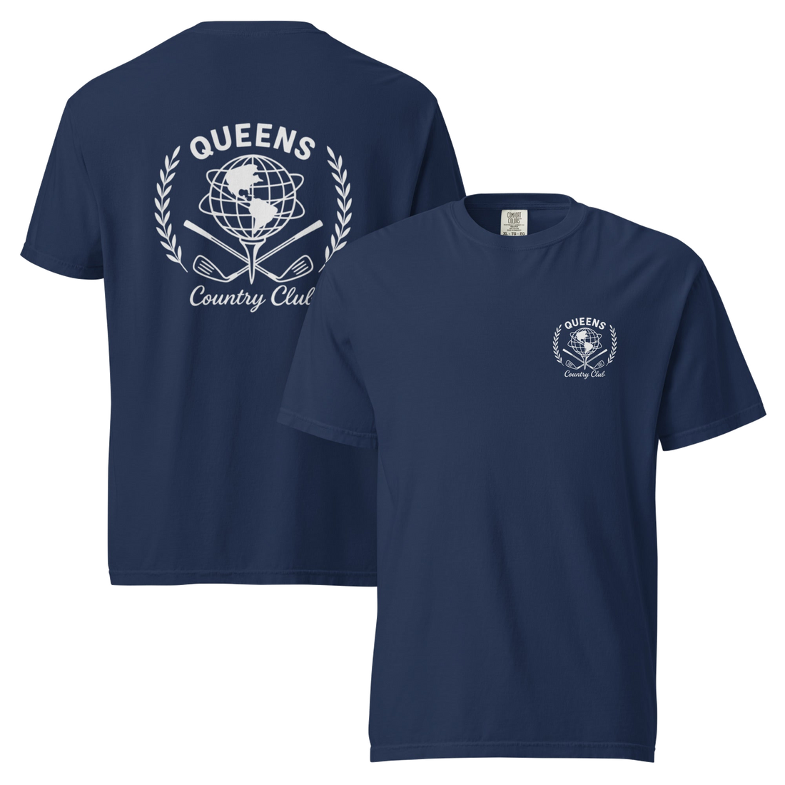True Navy garment-dyed Queens Unisphere Golf Ball Tee with white print, front and back views | Queens Country Club