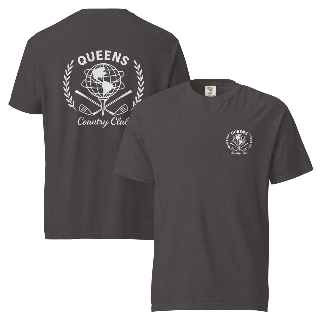 Graphite garment-dyed Queens Unisphere Golf Ball Tee with white print, front and back views | Queens Country Club