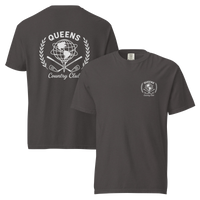 Graphite garment-dyed Queens Unisphere Golf Ball Tee with white print, front and back views | Queens Country Club