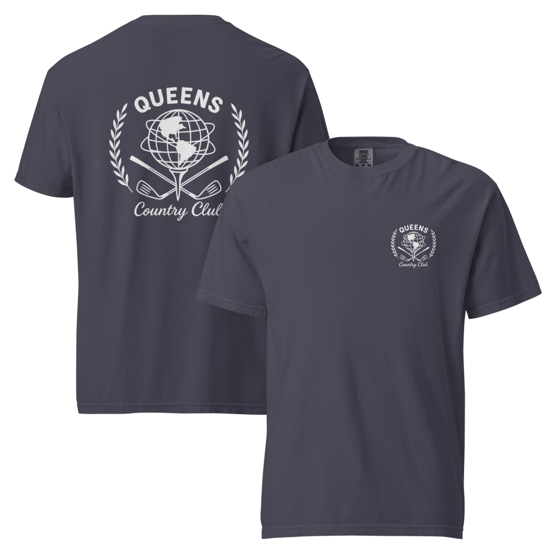 Navy garment-dyed Queens Unisphere Golf Ball Tee with white print, front and back views | Queens Country Club