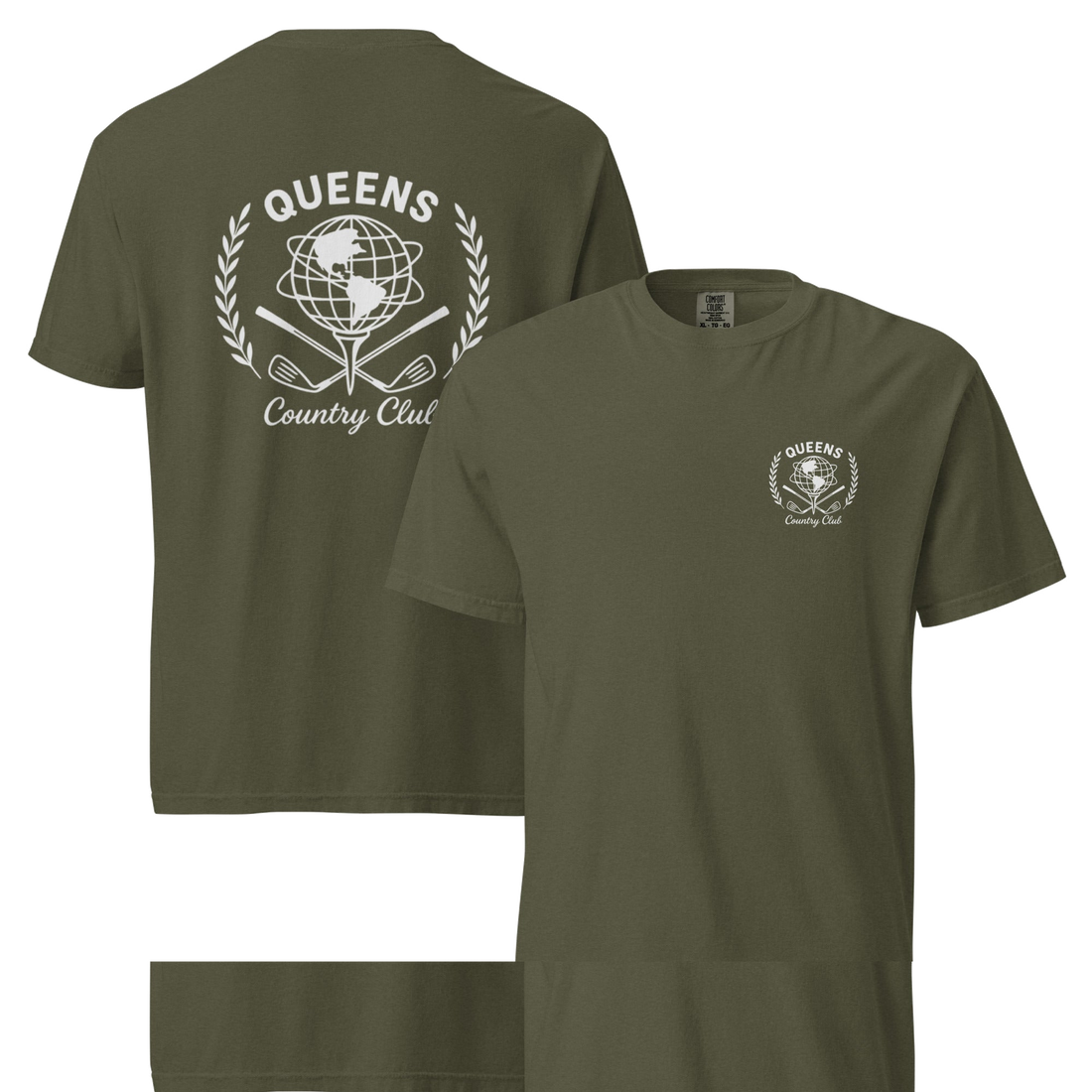 Sage garment-dyed Queens Unisphere Golf Ball Tee with white print, front and back views | Queens Country Club