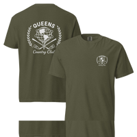 Sage garment-dyed Queens Unisphere Golf Ball Tee with white print, front and back views | Queens Country Club