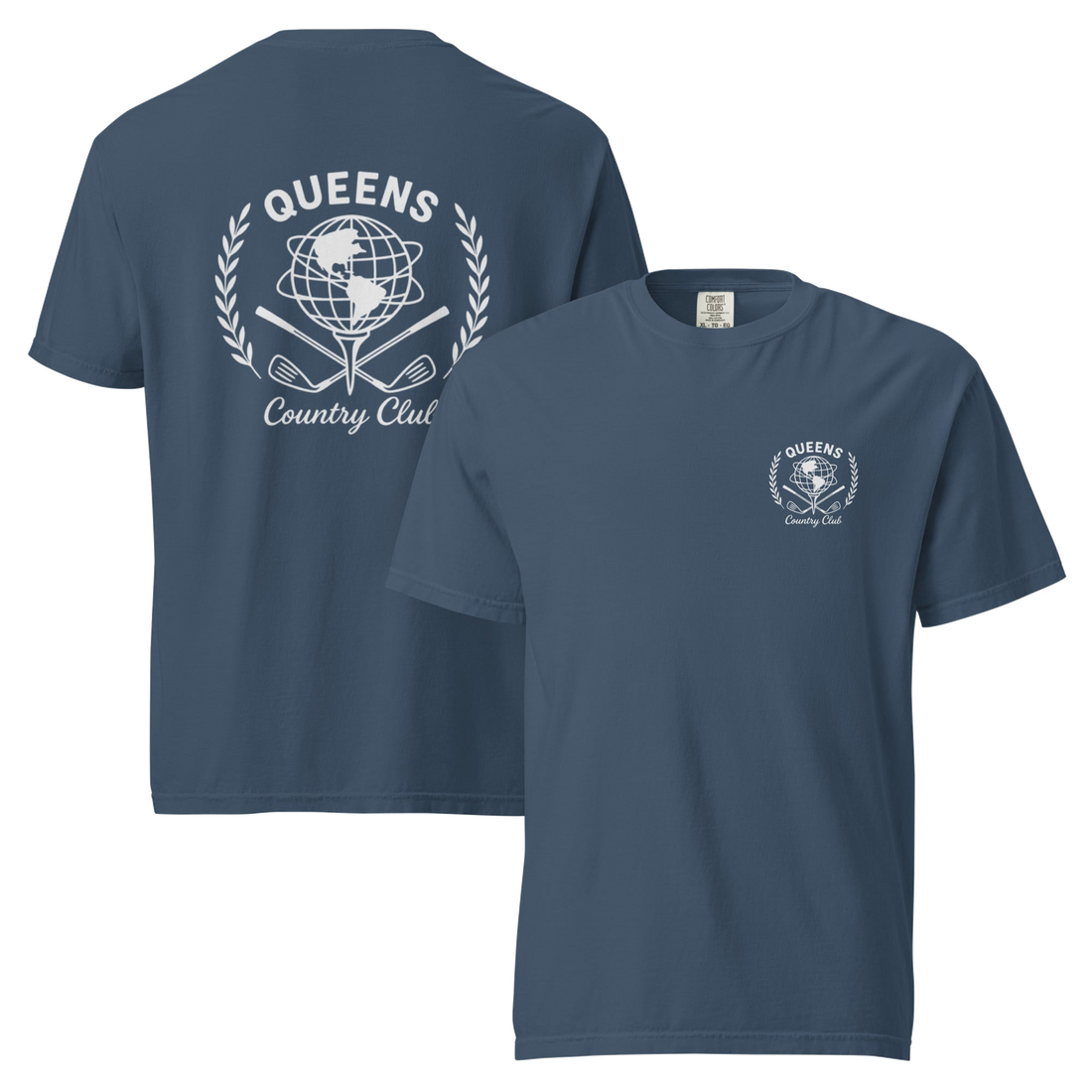 Midnight garment-dyed Queens Unisphere Golf Ball Tee with white print, front and back views | Queens Country Club