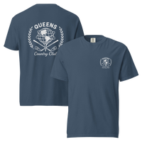 Midnight garment-dyed Queens Unisphere Golf Ball Tee with white print, front and back views | Queens Country Club