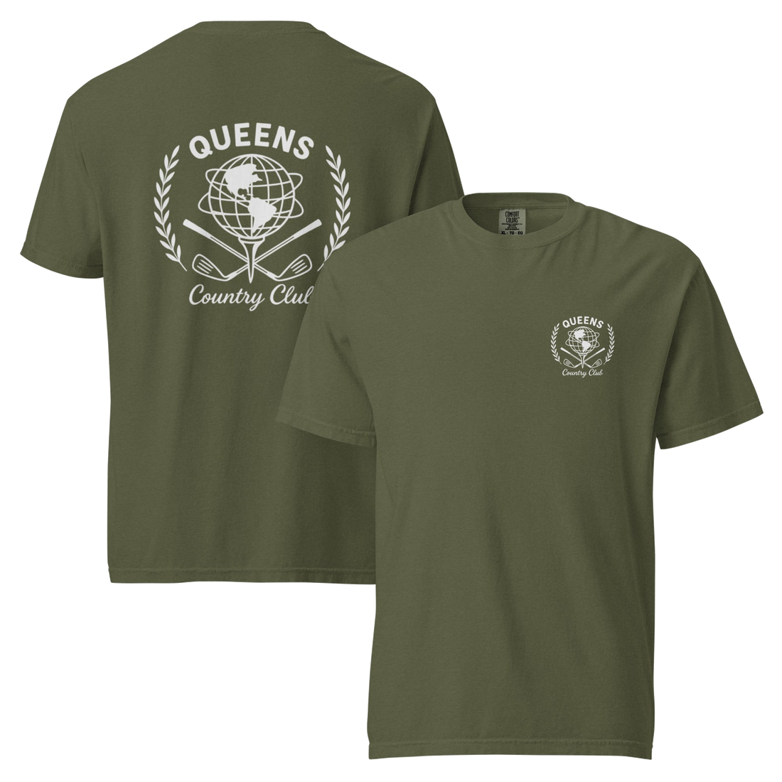 Hemp garment-dyed Queens Unisphere Golf Ball Tee with white print, front and back views | Queens Country Club